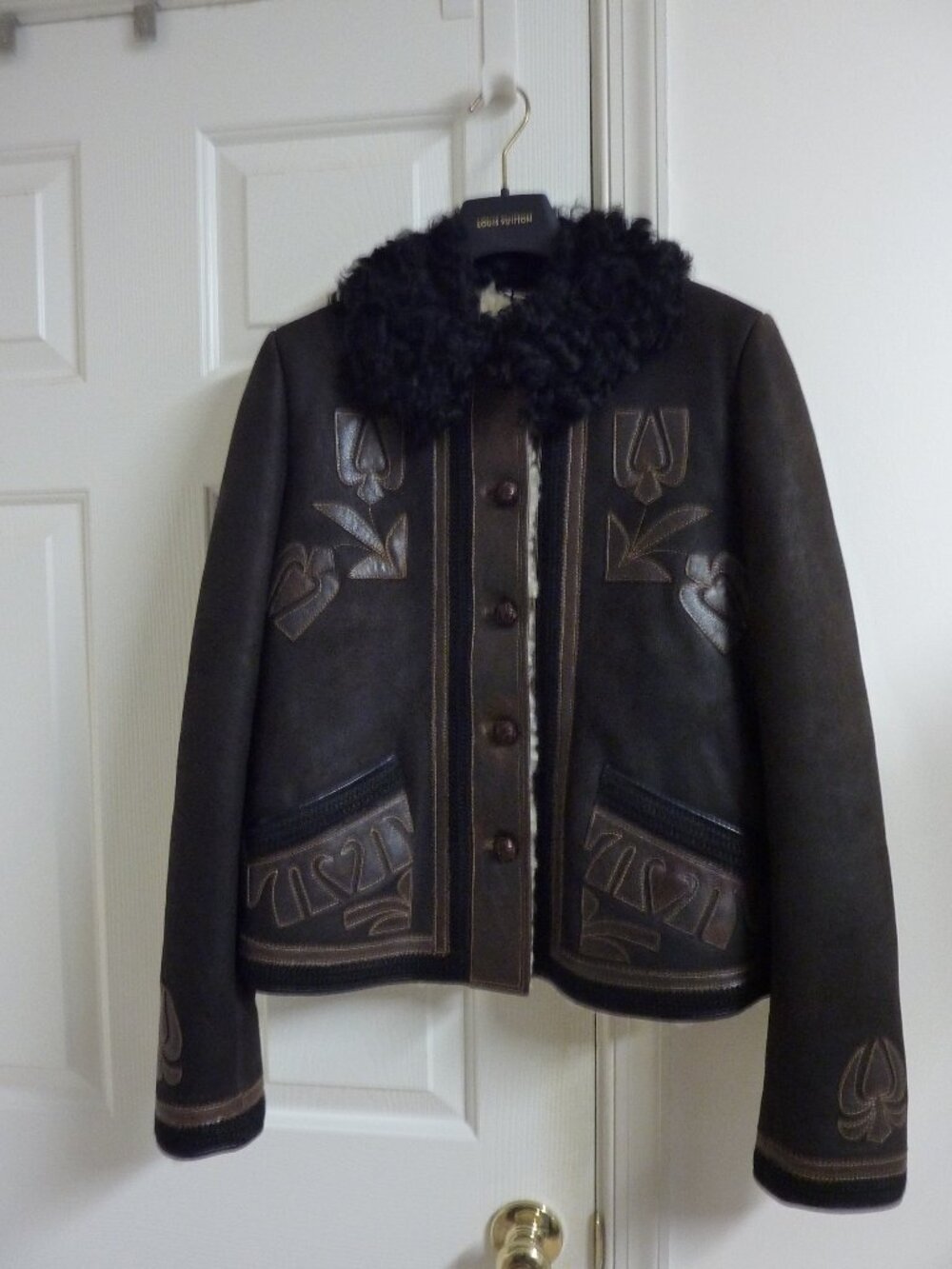Miu Miu Floral Detail Shearling Suede Leather Jacket